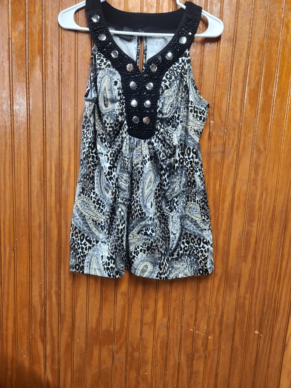 Womens Black & Cream Paisley-Print Sleeveless Dress with Studded Neckline